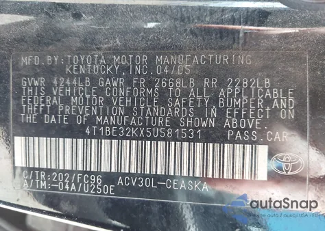 2005 Toyota Camry Se из США, поврежденный, VIN 4T1BE32KX5U581531